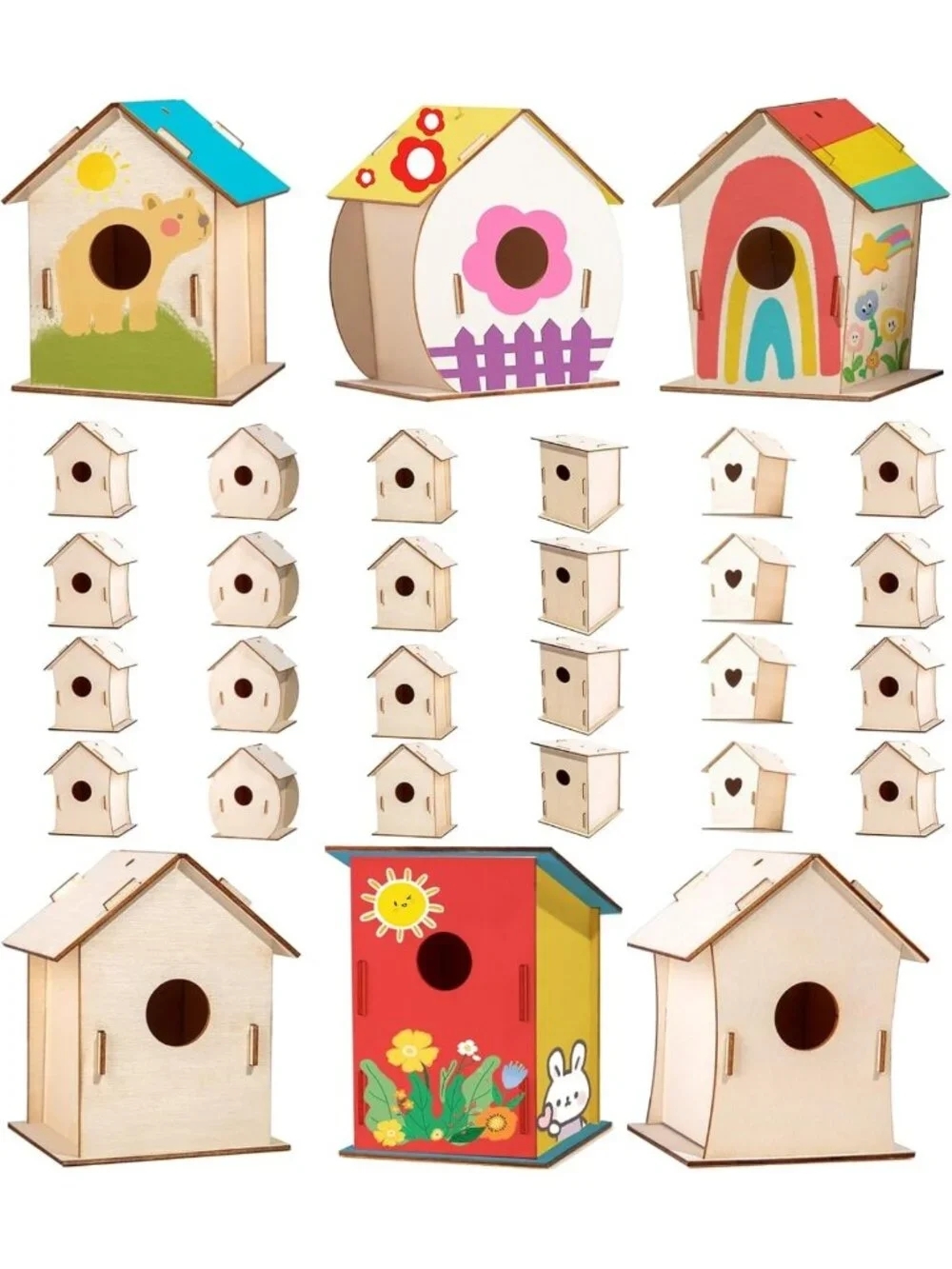 DIY Wood Birdhouse Craft Kit - 24 Unfinished Sets for Kids' Art Projects